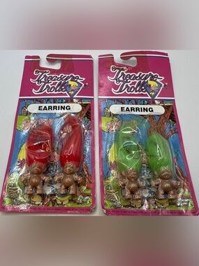 Vintage 1991 Troll Treasure Trolls Earrings Green & Red Hair Lot Of 2